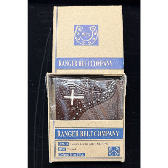 Ranger Belt Co Dark Brown Leather Bifold Wallet with Cowhide Inlay & Cross – NWT - Picture 1 of 14